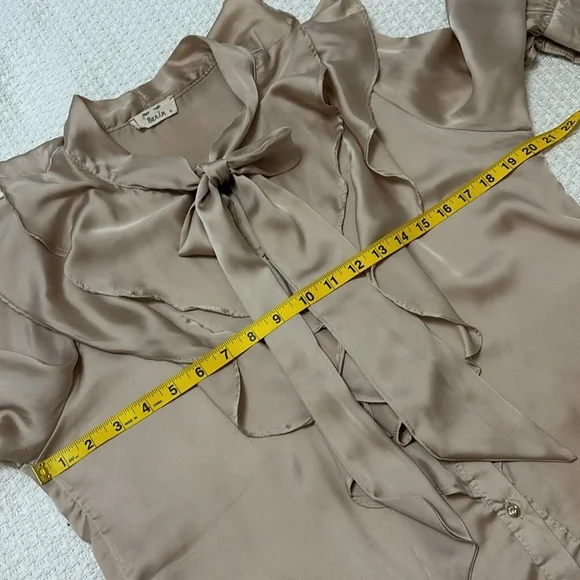 VINTAGE BERIN satin blouse top button front ruffle layers neck ties taupe large - Picture 10 of 13